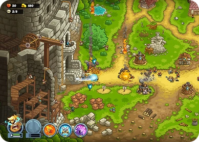 Klasyczna mapa rozgrywki Kingdom Rush z wieżami obronnymi, krętymi drogami i falami wrogów poruszającymi się po średniowiecznym świecie fantasy.