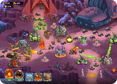 Kingdom Rush to mapa walki, która rozgrywa się w mrocznej fantastycznej lochach, gdzie bohaterowie, potwory i wieże obronne torują sobie drogę przez fale wrogów.