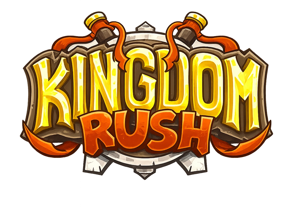 Oficjalne logo gry Kingdom Rush z fantazyjną, średniowieczną typografią i herbem, który reprezentuje popularną grę strategiczną typu tower defense.