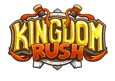 Oficjalne logo gry Kingdom Rush z fantazyjną, średniowieczną typografią i herbem, który reprezentuje popularną grę strategiczną typu tower defense.
