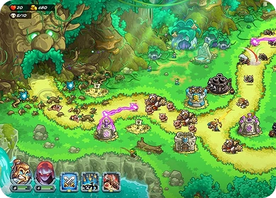 Obrazy rozgrywki z Kingdom Rush pokazują kolorową mapę lasu z krętymi ścieżkami i wieżami obronnymi, które zostały umieszczone, aby powstrzymać fale wrogów w klasycznej grze typu tower defense.