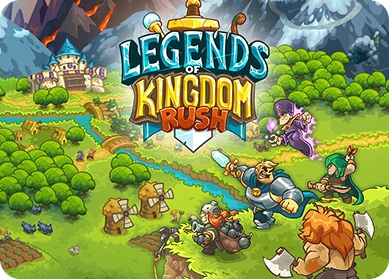 Scena rozgrywki z Legends of Kingdom Rush z bohaterami, wieżami i wrogami walczącymi na żywej mapie fantastycznego świata w tej taktycznej grze typu tower defense.