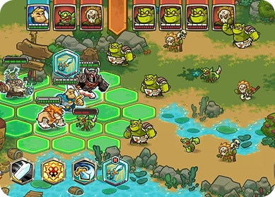 Kingdom Rush to taktyczna mapa rozgrywki z siatką wież, bohaterów i wrogów poruszających się po ścieżkach w kolorowym, fantazyjnym środowisku tower defense.