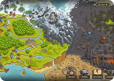 Mapa świata Kingdom Rush z wieloma regionami, lasami, górami i poziomami w fantastycznej grze strategicznej typu tower defense.